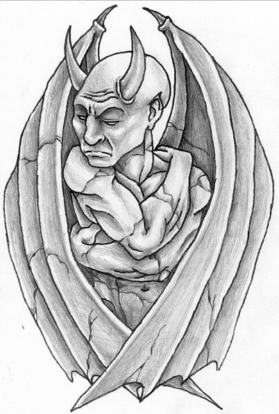 Desenho de tatuagem de estátua de gárgula silenciosa cinza indiferente