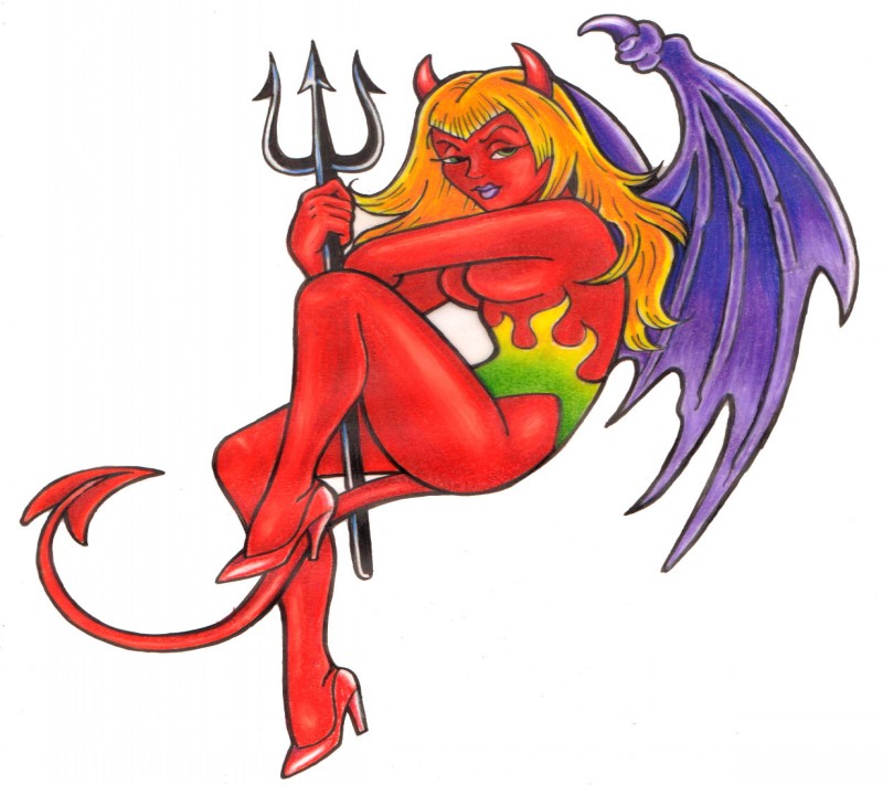 Indifferent red devil woman with purple bat wings and a big trident tattoo design by Kitakazoo
