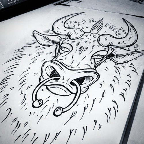 Indifferent uncolored bull with piercing in nostrils tattoo design