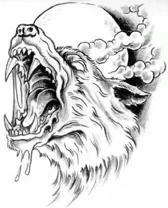 Insane grey-ink howling werewolf on full smoky moon background tattoo design