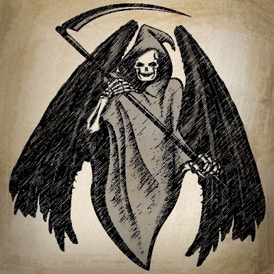 Morte preta e cinza insolente com grandes asas e um desenho de tatuagem de foice