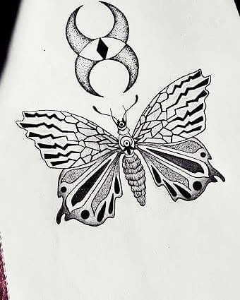 Interesting-designed butterfly and reflected thin moon tattoo design