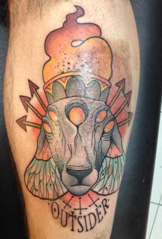 Interesting-designed colorful sheep tattoo on shin