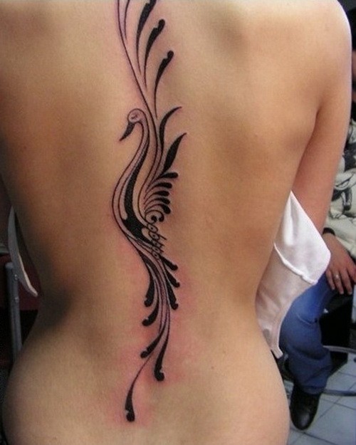 Interesting-designed vertical ornamented black-ink swan tattoo on back