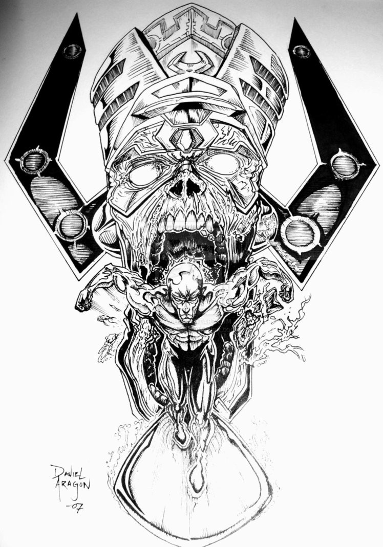 Demônio preto-e-branco interessante que corre de um desenho de tatuagem de maxilar de caveira