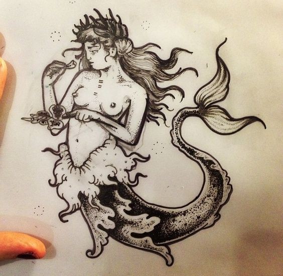 Interesting black-and-white mermaid with dotwork effect tattoo design