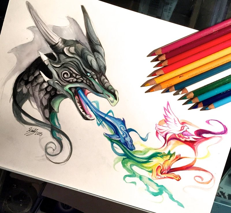 Interesting black dragon head breathing with colorful animal figures tattoo design by Lucky978