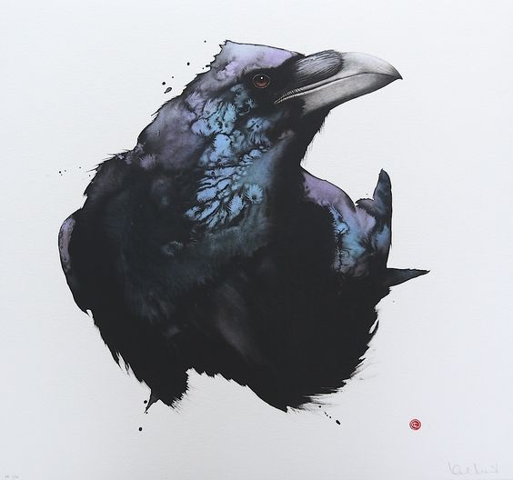 Interesting black raven with watercolor effect tattoo design