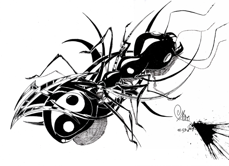 Interesting black swirly ant with yin yang symbol tattoo design