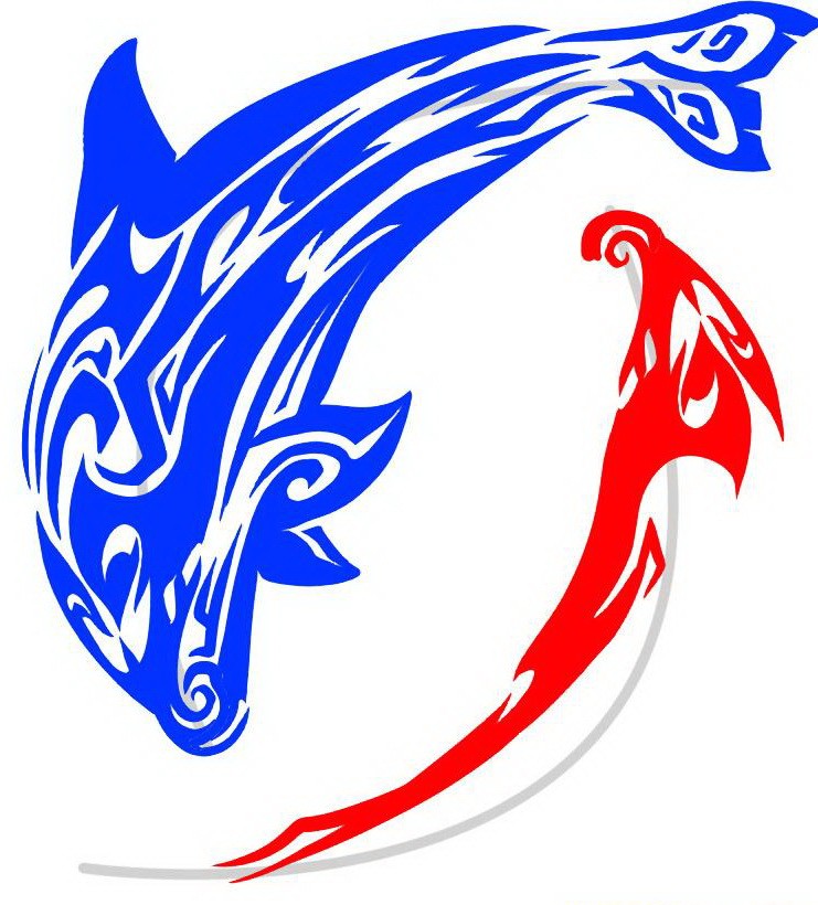 Interesting blue and red tribal dolphin and dragon figures tattoo design