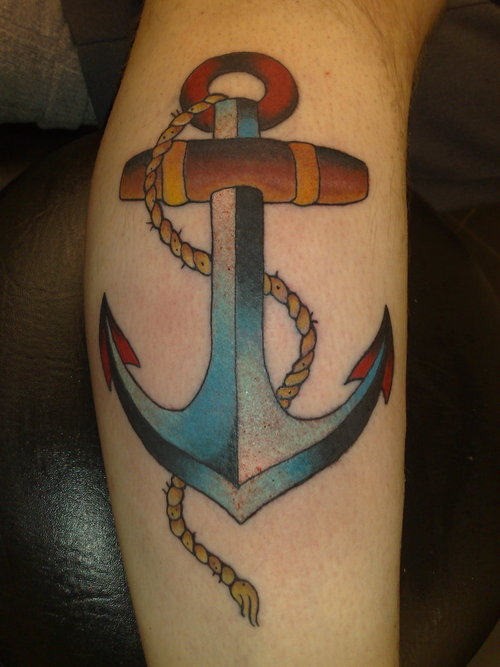 Interesting blue old school anchor tattoo on shin
