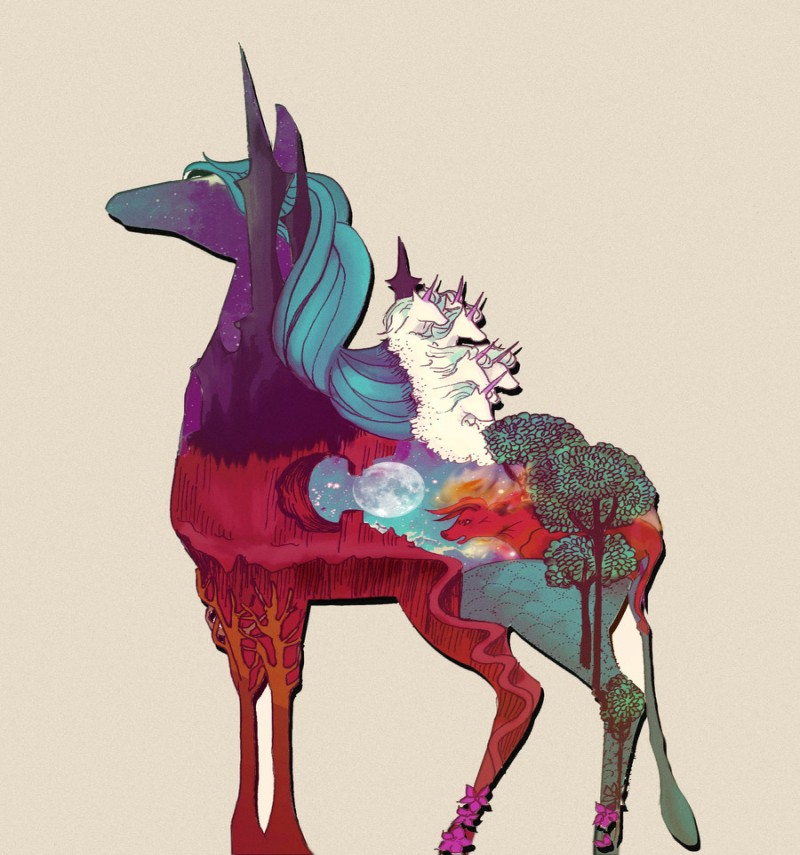 Interesting colorful unicorn with nature view pattern inside tattoo design