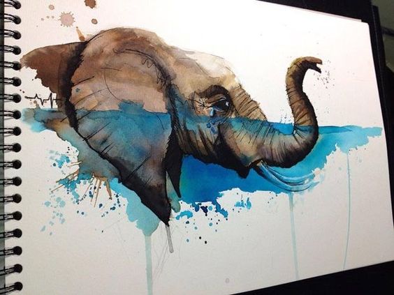 Interesting crying elephant head in watercolor sea tattoo design