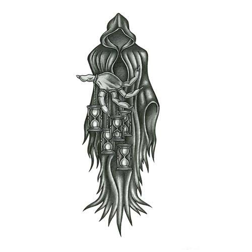 Interesting death with a lot of hourglasses hanging on arm tattoo design