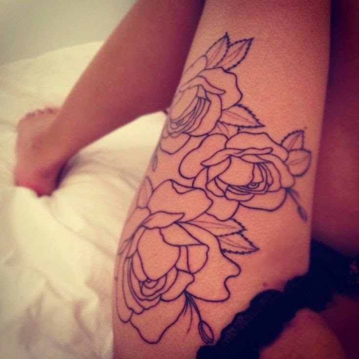 Interesting designed black-contour rose flowers tattoo on thigh