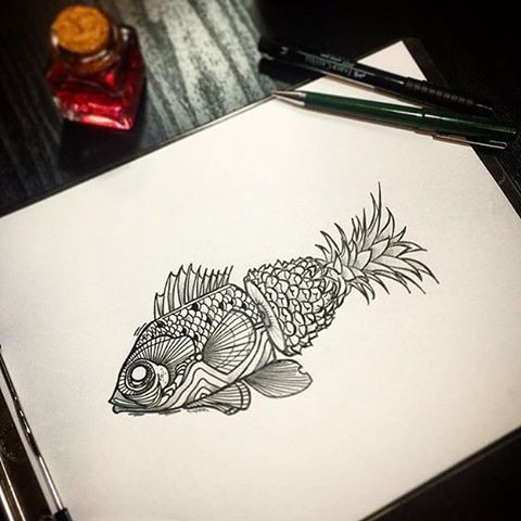 Interesting grey-colore half-pineaple fish tattoo design