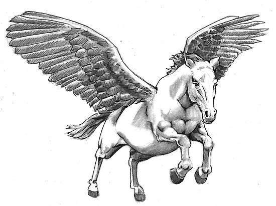 Interesting grey flying pegasus looking down tattoo design