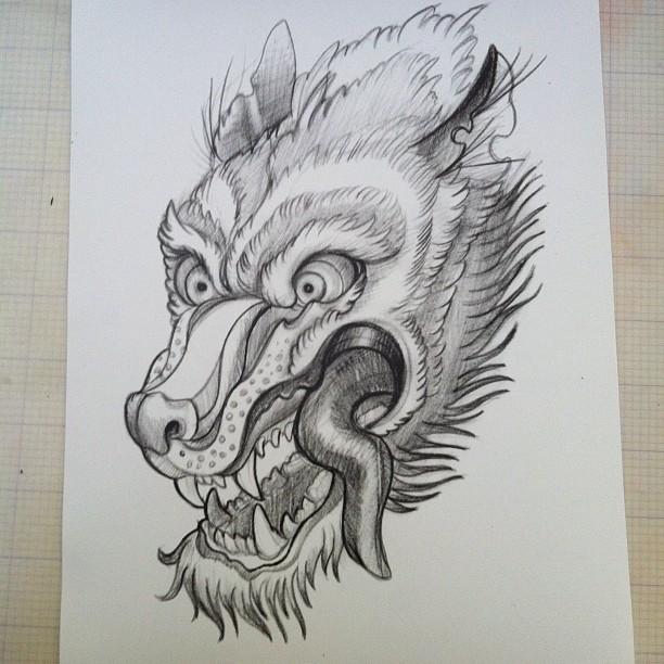 Interesting grey wolf head in chinese style tattoo design