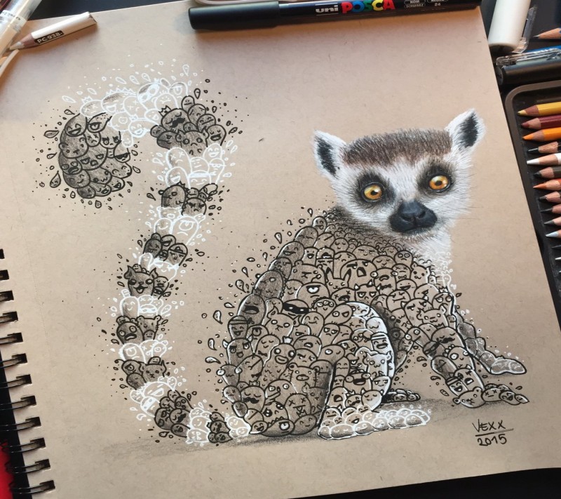 Interesting lemur with googled faces print tattoo design by Vinceokerman