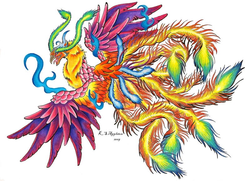 Interesting montly colored phoenix tattoo design