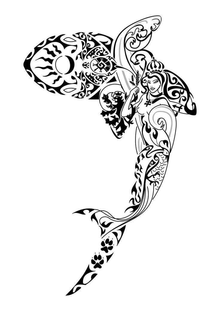 Interesting tribal shark with girl print tattoo design