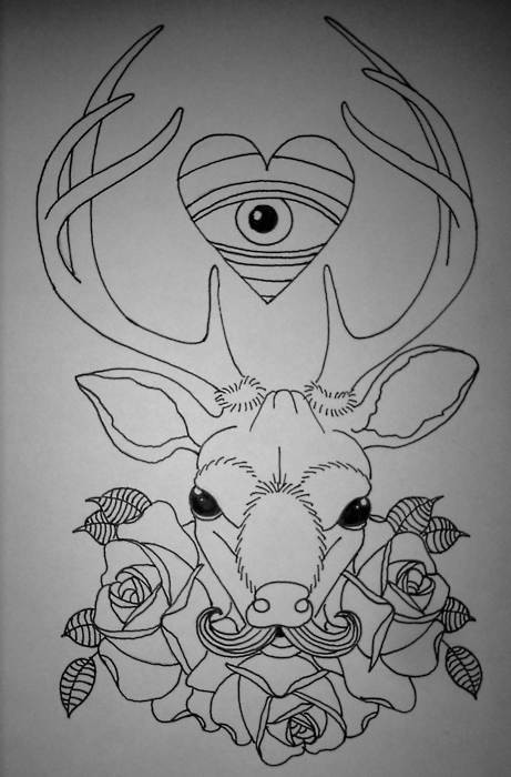Interesting unolored deer in flowers and heart-shaped eye tattoo design