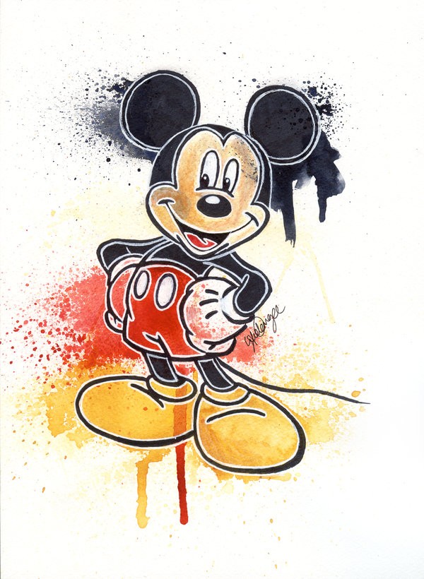 Interesting watercolor Mickey Mouse tattoo design by Luke Fielding