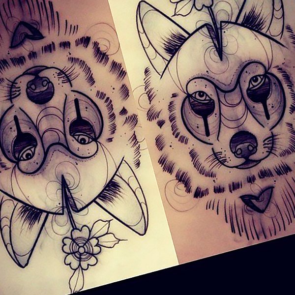 Interesting wolf head with growing flower tattoo design