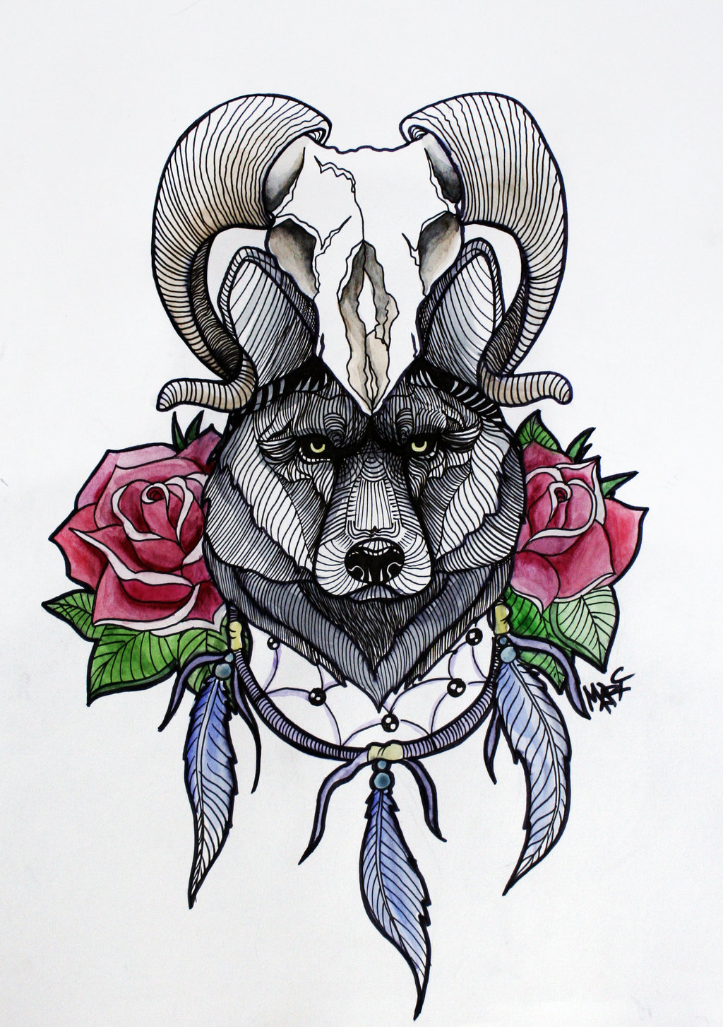 Interesting wolf with ram skull and big red roses by Mary Marylp