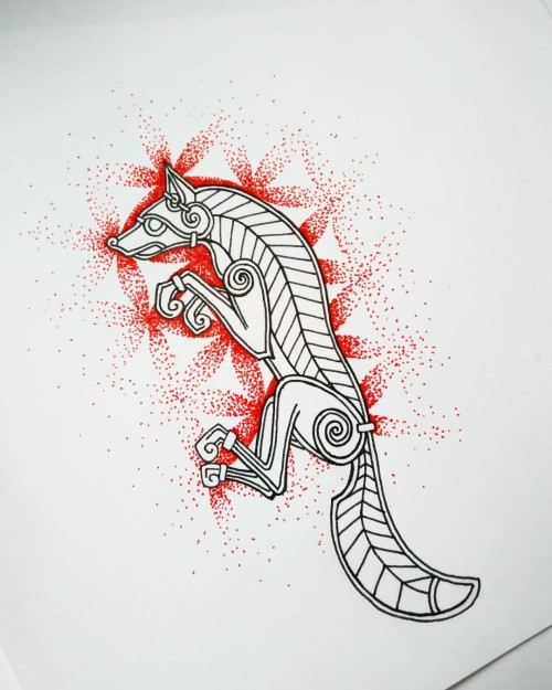 Iron fox figure on red flowers of life background tattoo design