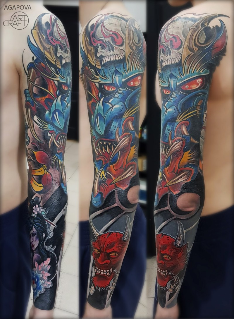 Tatuaje de manga completa estilo Jananes con dragón