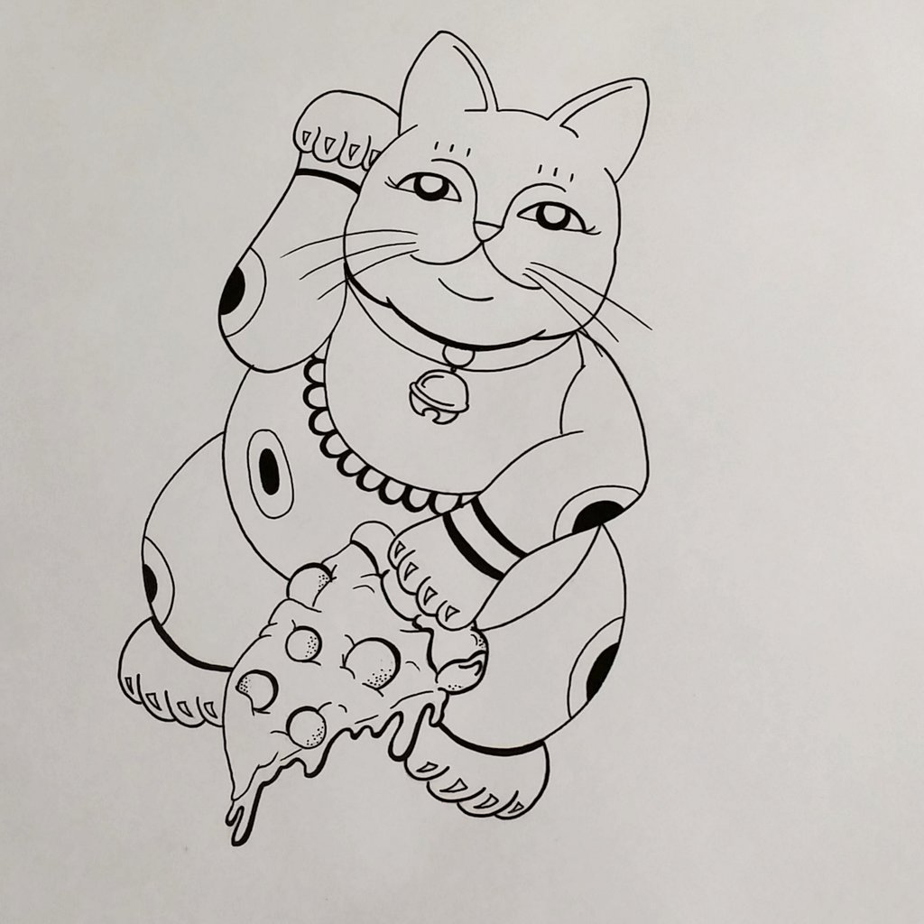 Japanese-style cat with pizza piece tattoo design by Punch Zombie