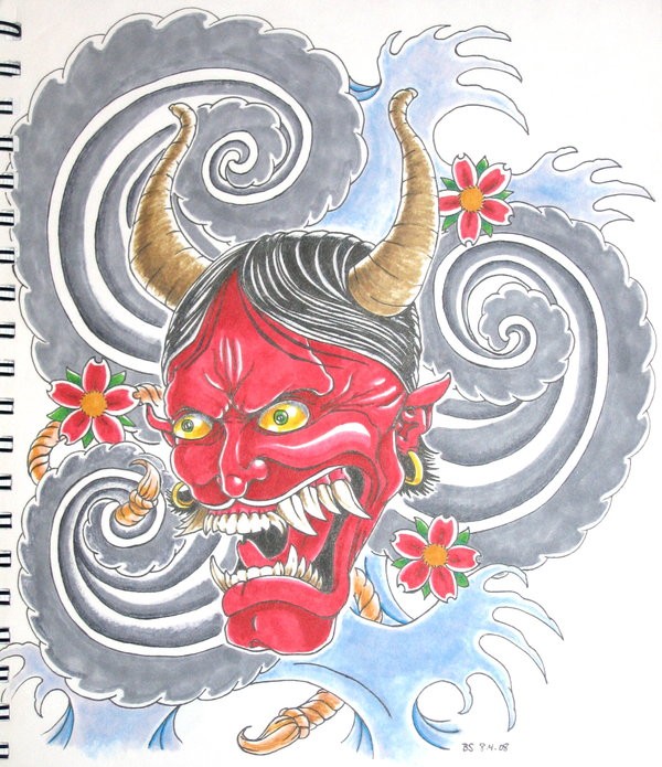 Japanese devil and cherry blossom on grey vortex background tattoo design