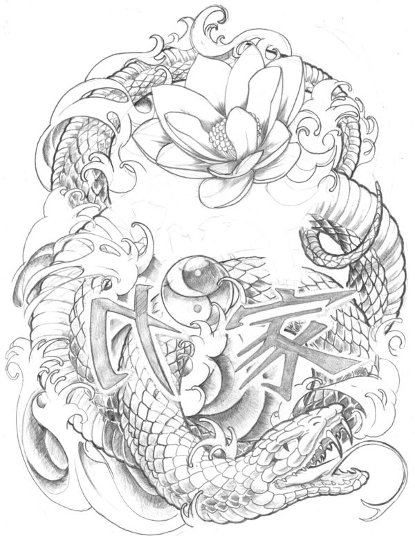 Japanese snake with lotus flowers and hieroglyphs tattoo design by Brado23