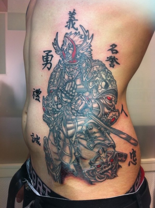 Japanese warrior surrounded with hieroglyphs tattoo on ribside