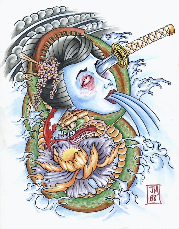 Killed japanese geisha twined with green snake tattoo design by Monjesse