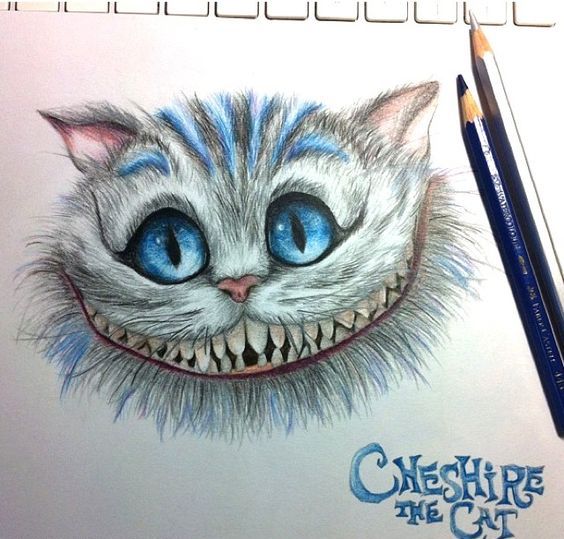 Kind blue-eyed smiling cheshire cat tattoo design