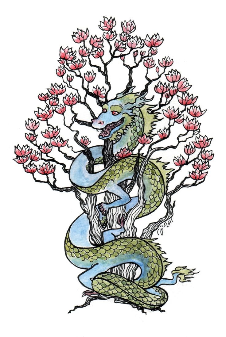 Kind coloured dragon curled around flowered cherry tree tattoo design
