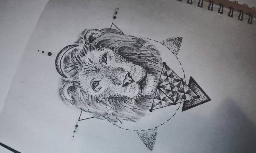 Kind dotwork lion and geometric figures tattoo design by Silvestar97