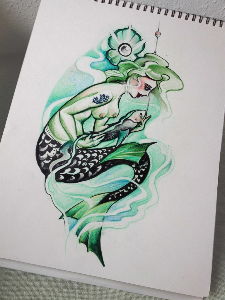 Kind mermaid saving a fish in green colors tattoo design