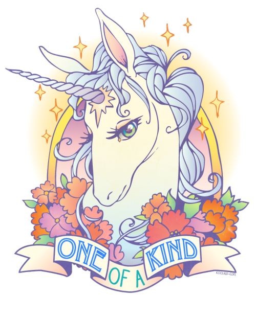 Kind unicorn portrait with red flowers and banner under the stars tattoo design