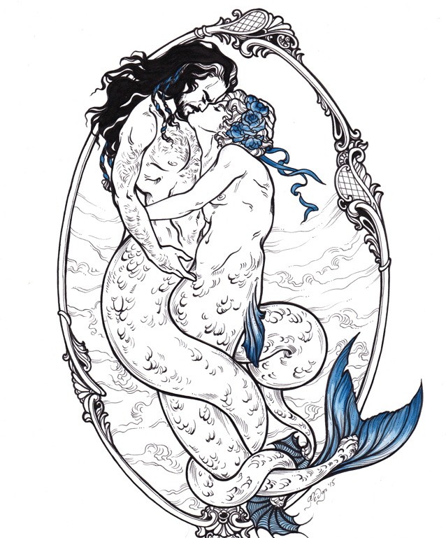Kissing mermaid lovers in oval frame tattoo design