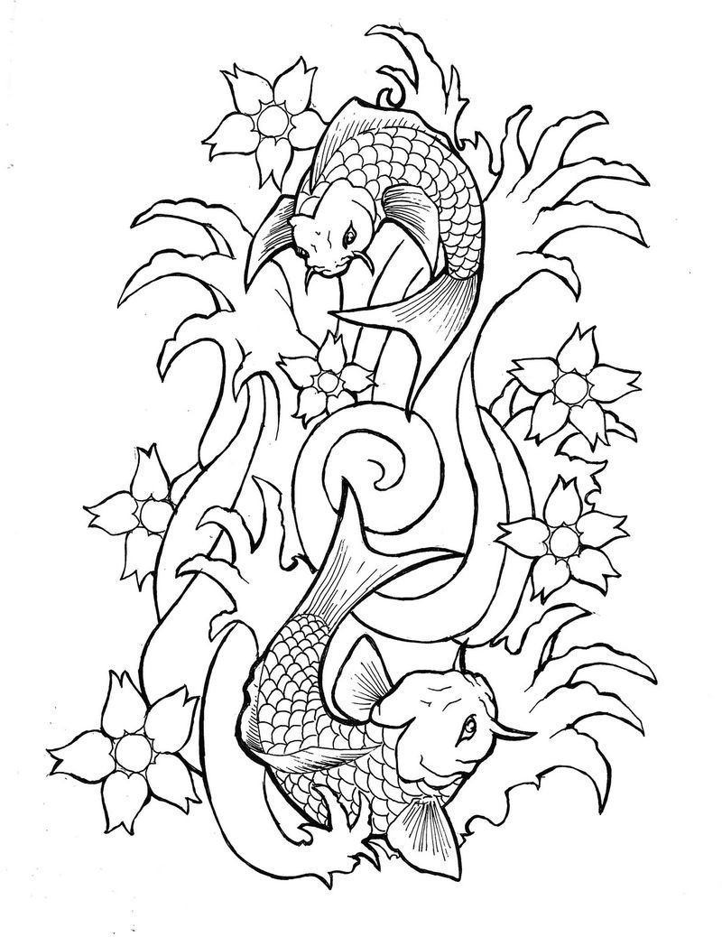Koi fish enemies in water flow tattoo design