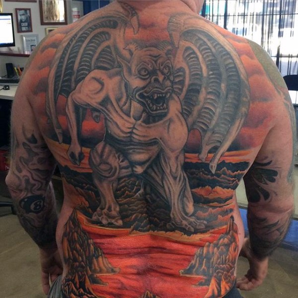 LArge demonic whole back tattoo of gargoyle in hell