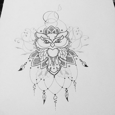 Lace dotwork owl with floral elements tattoo design