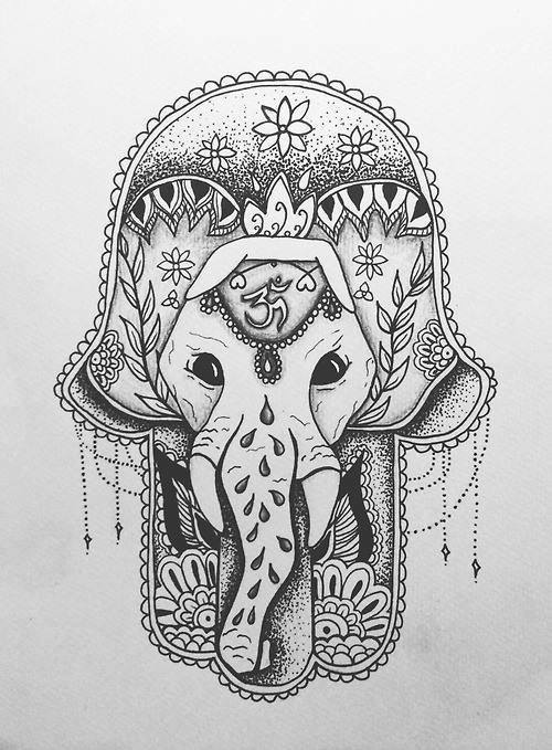 Lace hamsa with buddhist sign elephant tattoo design
