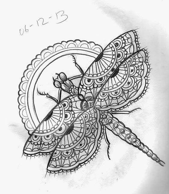 Lacy-wing dragonfly sitting on beautiful circle background tattoo design