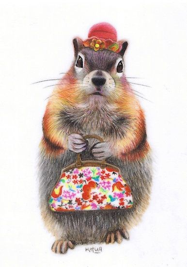 Lady squirrel in tiny red hat with printed handbag tattoo design