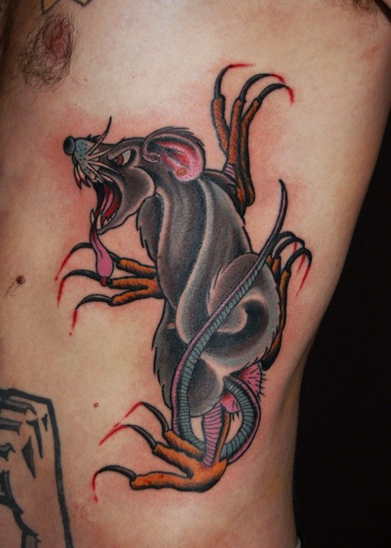 Large angry colorful rodent tattoo on side