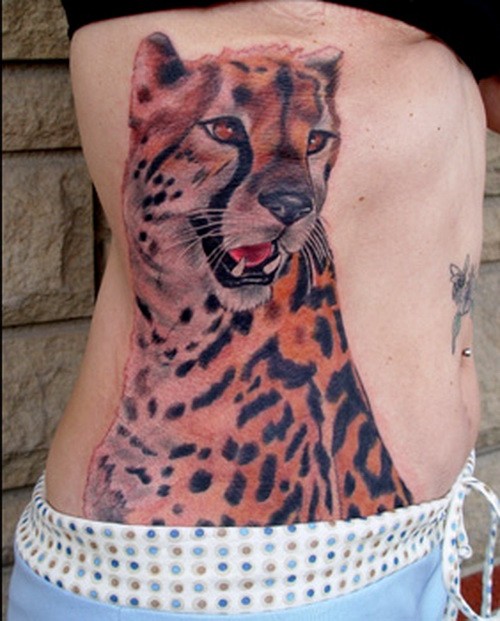 Large awesome color-ink cheetah tattoo on side